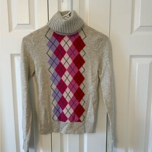 Express Gray Cashmere Turtleneck Sweater with Argyle Pattern